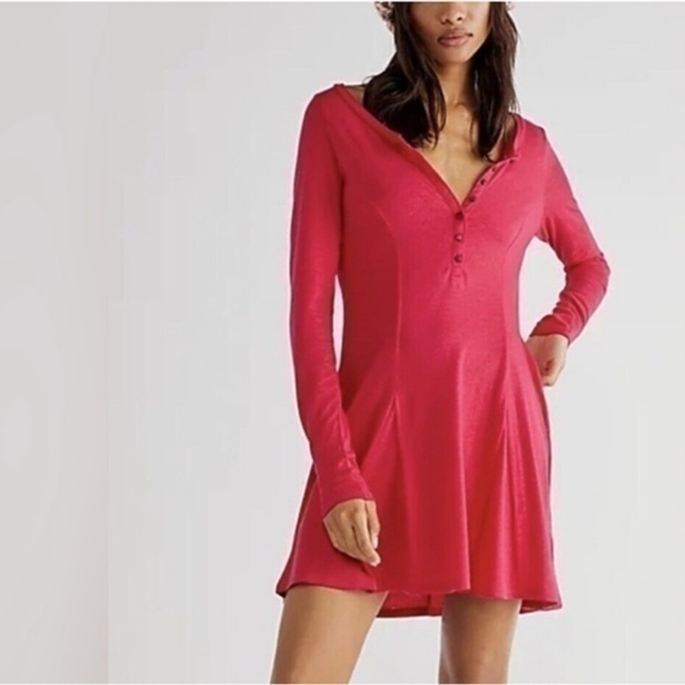 NWT Free People Beach Miles of Henley Mini Dress in Pink Long Sleeve